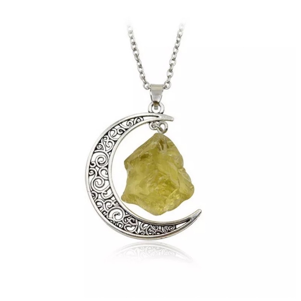 Yellow Quartz Crescent Moon Necklace Boho Balance